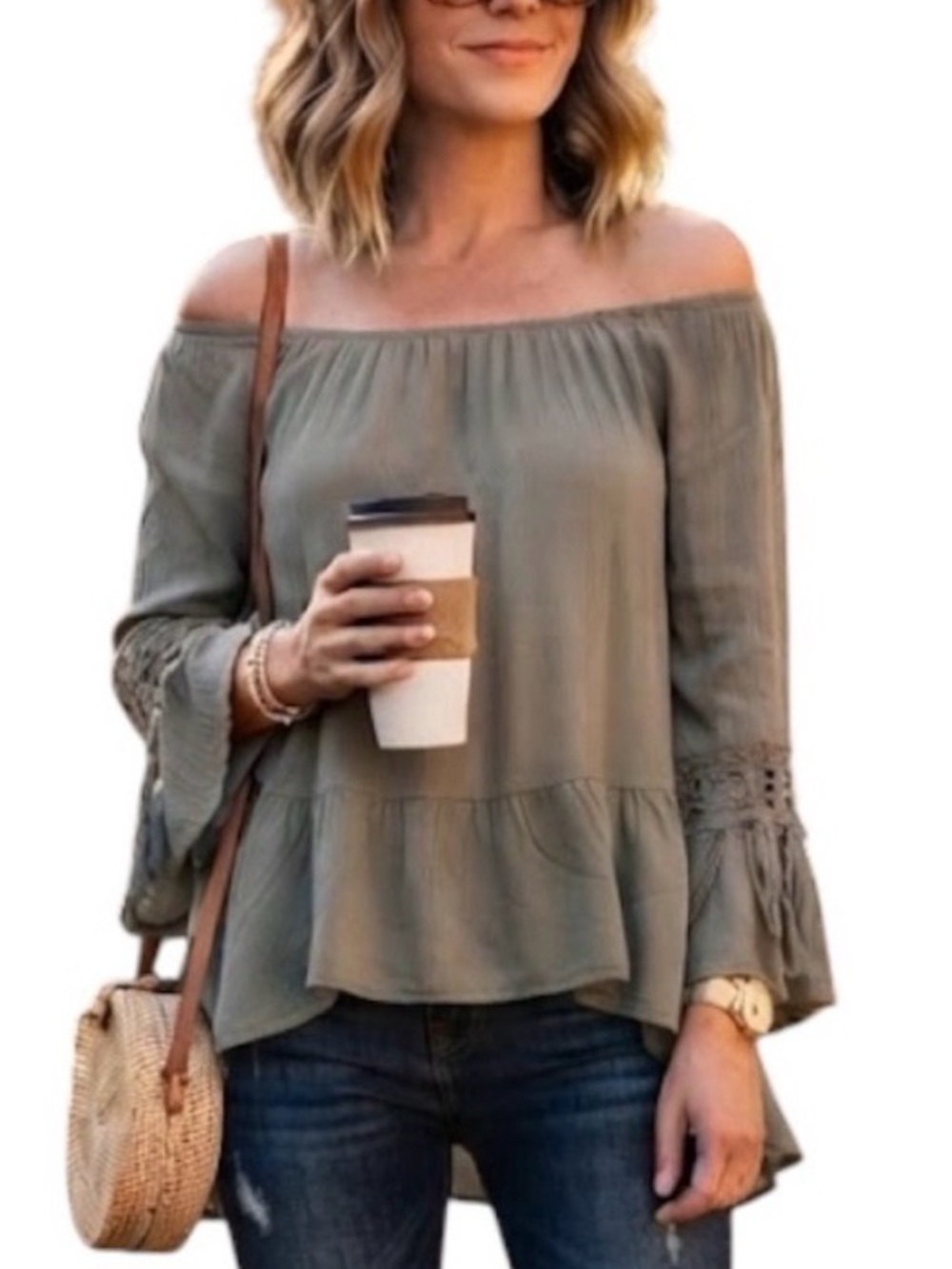 SANS SOUCI NORDSTROM Bohemian Festival Coastal Sage Green Tassel Flowy Blouse M
